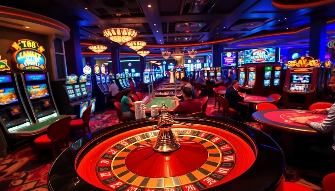 Excited gamblers at the tk88 casino, engaging with luxurious slot machines and poker tables.