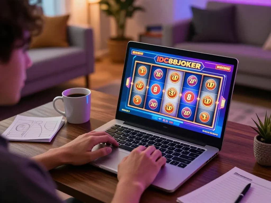 Engaging player enjoying IDC88JOKER online slots on laptop in cozy home atmosphere