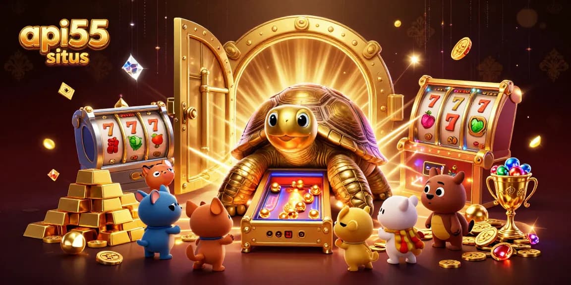 Play exciting games at api55 situs with the colossal golden tortoise jackpot machine illustration.