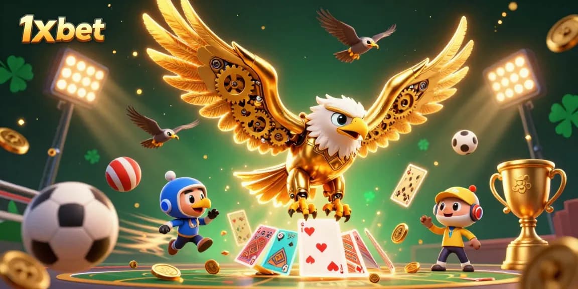 Experience the thrill of betting with 1x bet, as a cybernetic eagle dives through a dynamic sports scene.