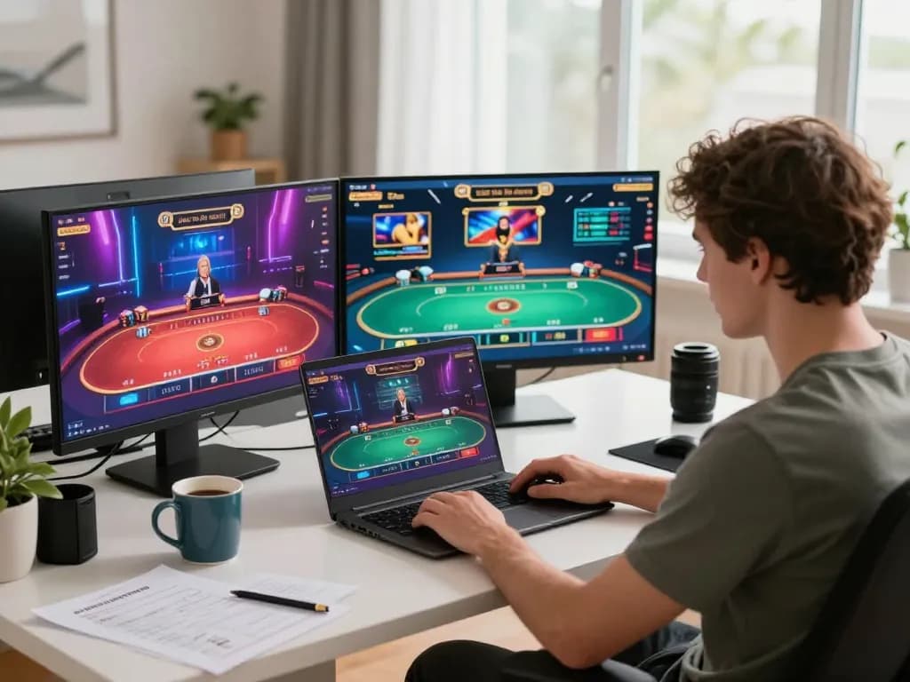 Engaged player betting on live poker and casino games at home in a stylish setting on 33winf