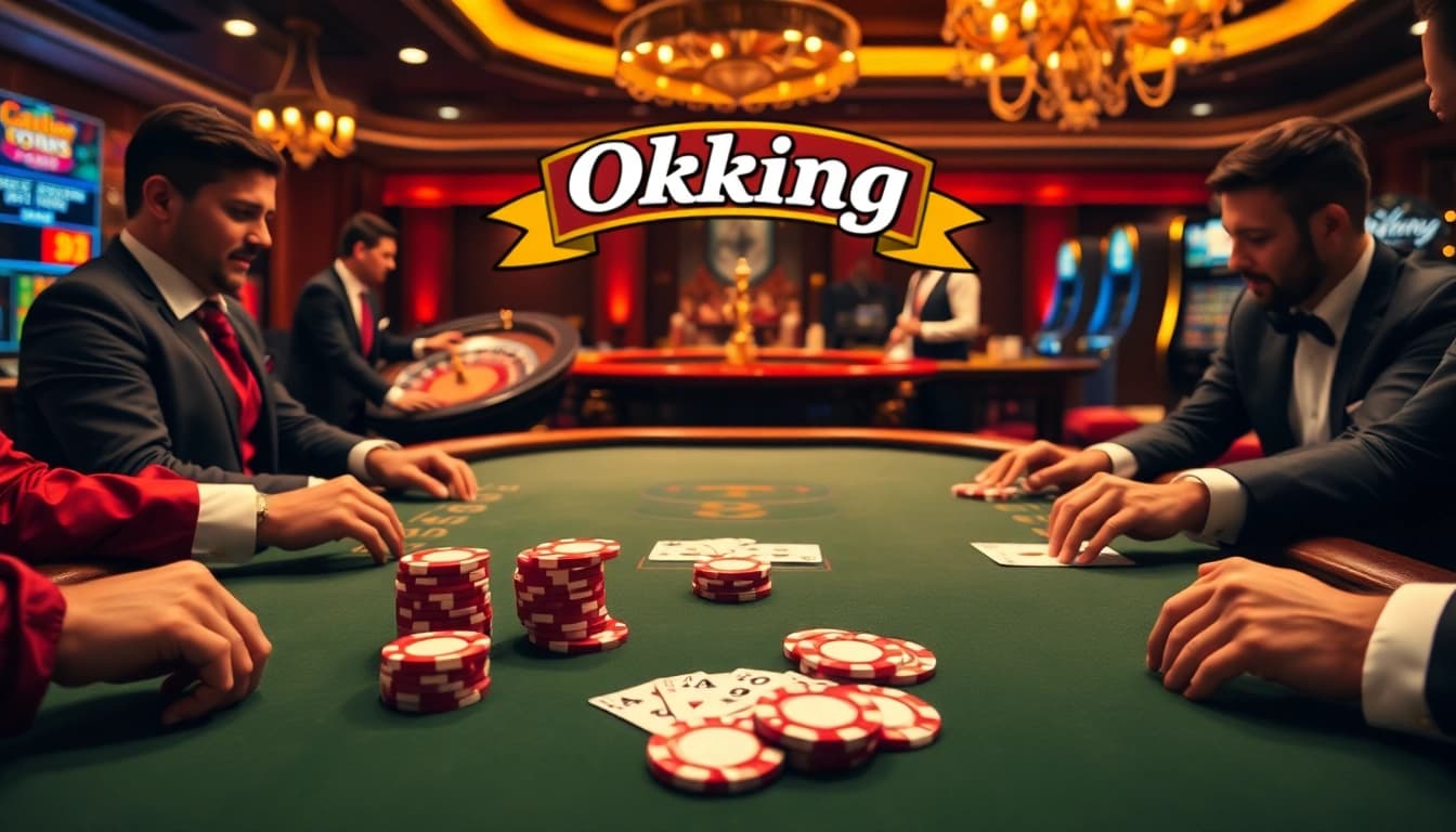 Engaging poker players at a high-stakes table in Okking casino ambiance with vibrant designs.