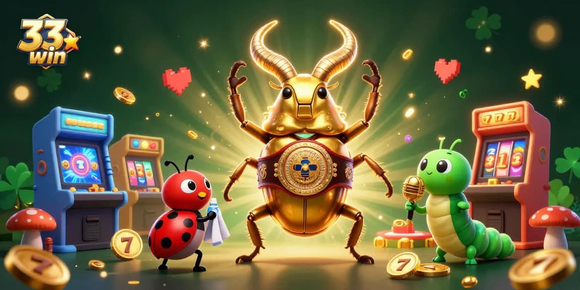 33win offers an engaging casino experience with a lively slot scene featuring a golden stag beetle and colorful game elements.