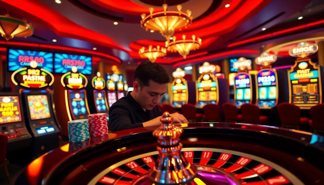 Exciting RR88 online gambling interface with vibrant casino elements like chips and slots.