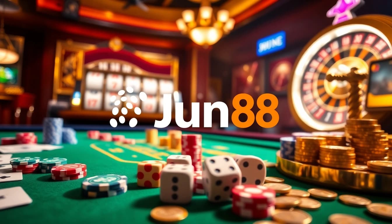 Experience thrilling gambling at Jun88 casino with vibrant chips, cards, and a spinning roulette wheel.