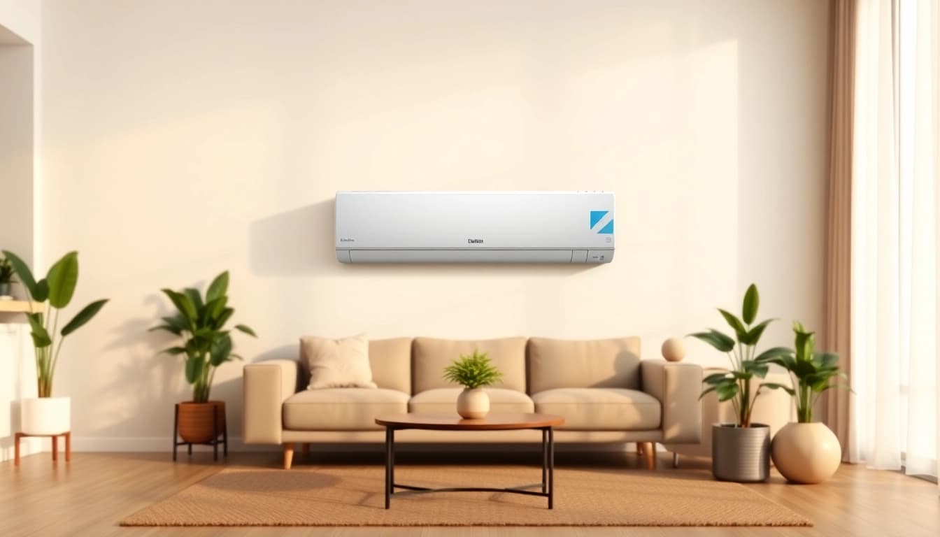 Discover the efficiency of Daikin mini split AC in a contemporary living room environment.