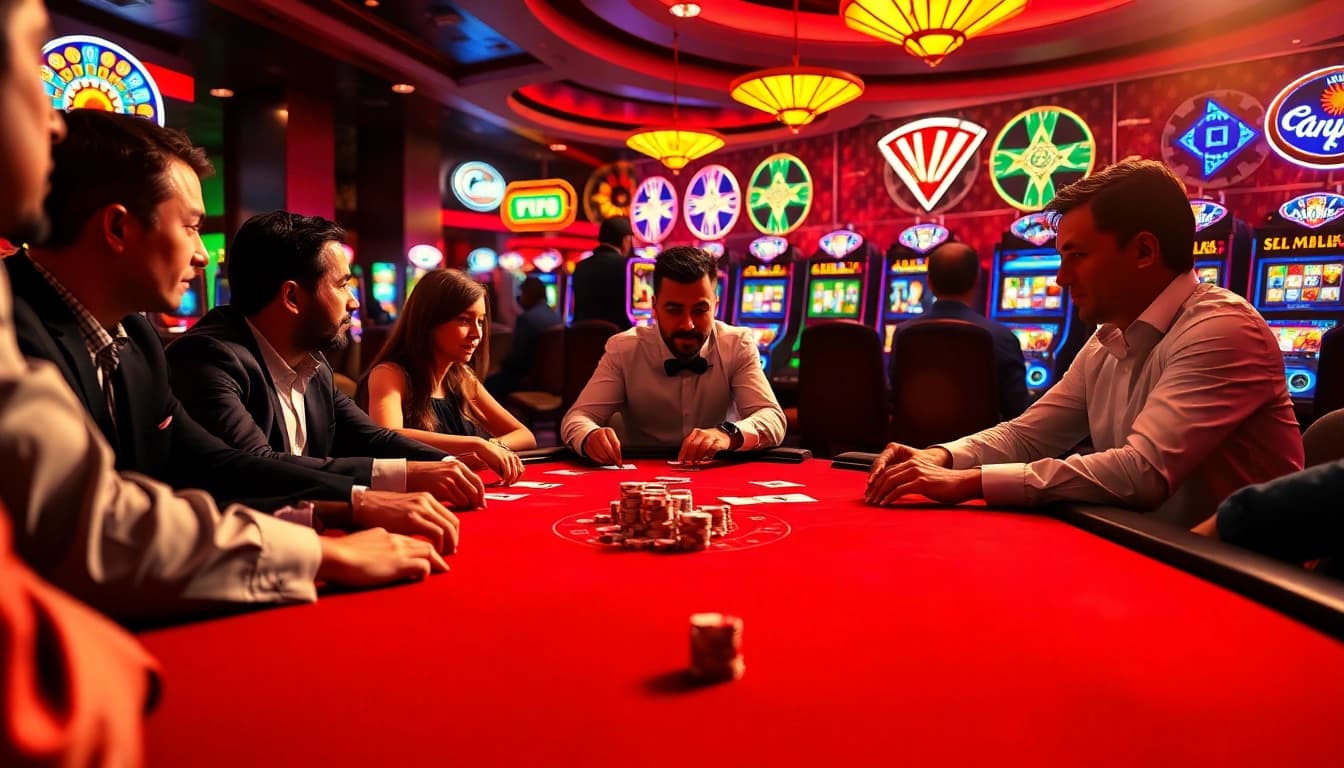 Players immersed in a high-stakes game at AT99娛樂 casino, showcasing excitement and luxury.