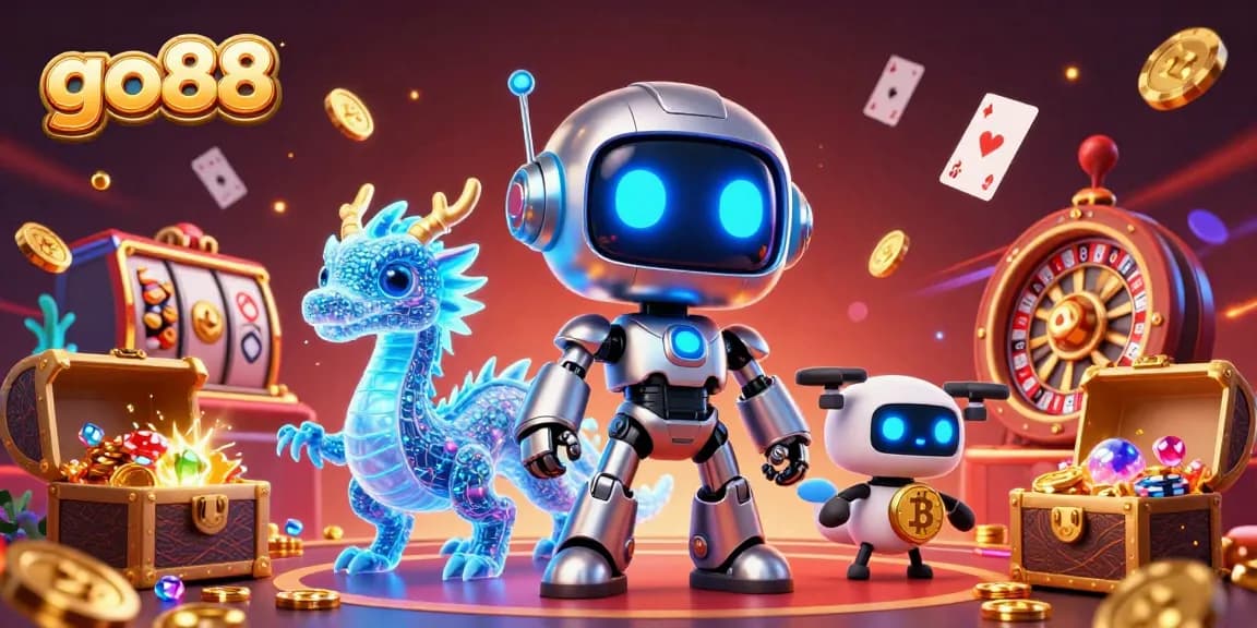 Engage in exciting casino games at go88 with a stunning cyberpunk robot, an AI dragon, and vibrant casino elements.