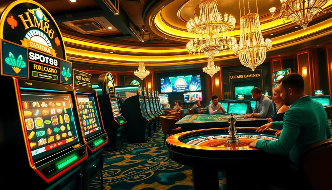 Engaging scene of HM88 online gambling with vibrant slot machines and poker chips