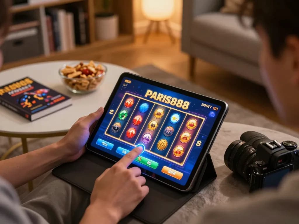 Engaging gaming session on Paris888 with colorful slot interface on tablet amidst cozy home decor.