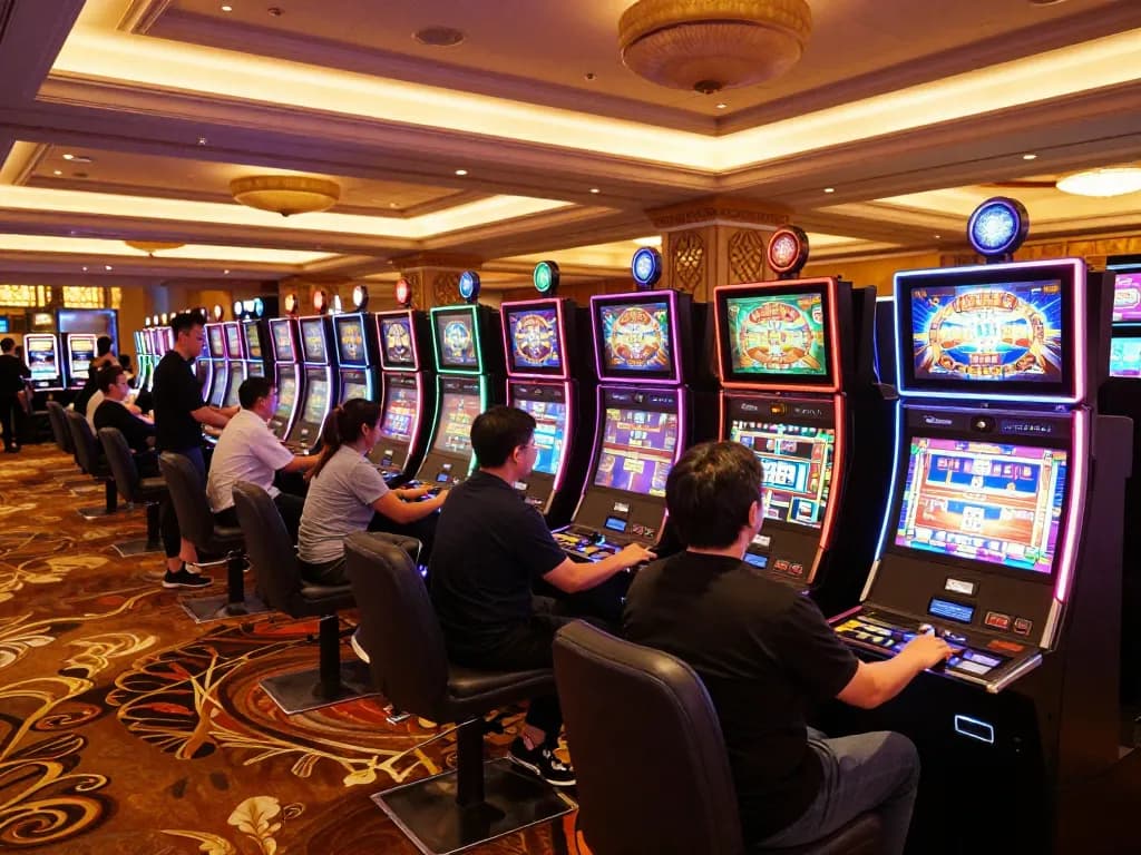 Players enjoying sunwin slot machines in a vibrant casino lobby, showcasing a lively gaming atmosphere.