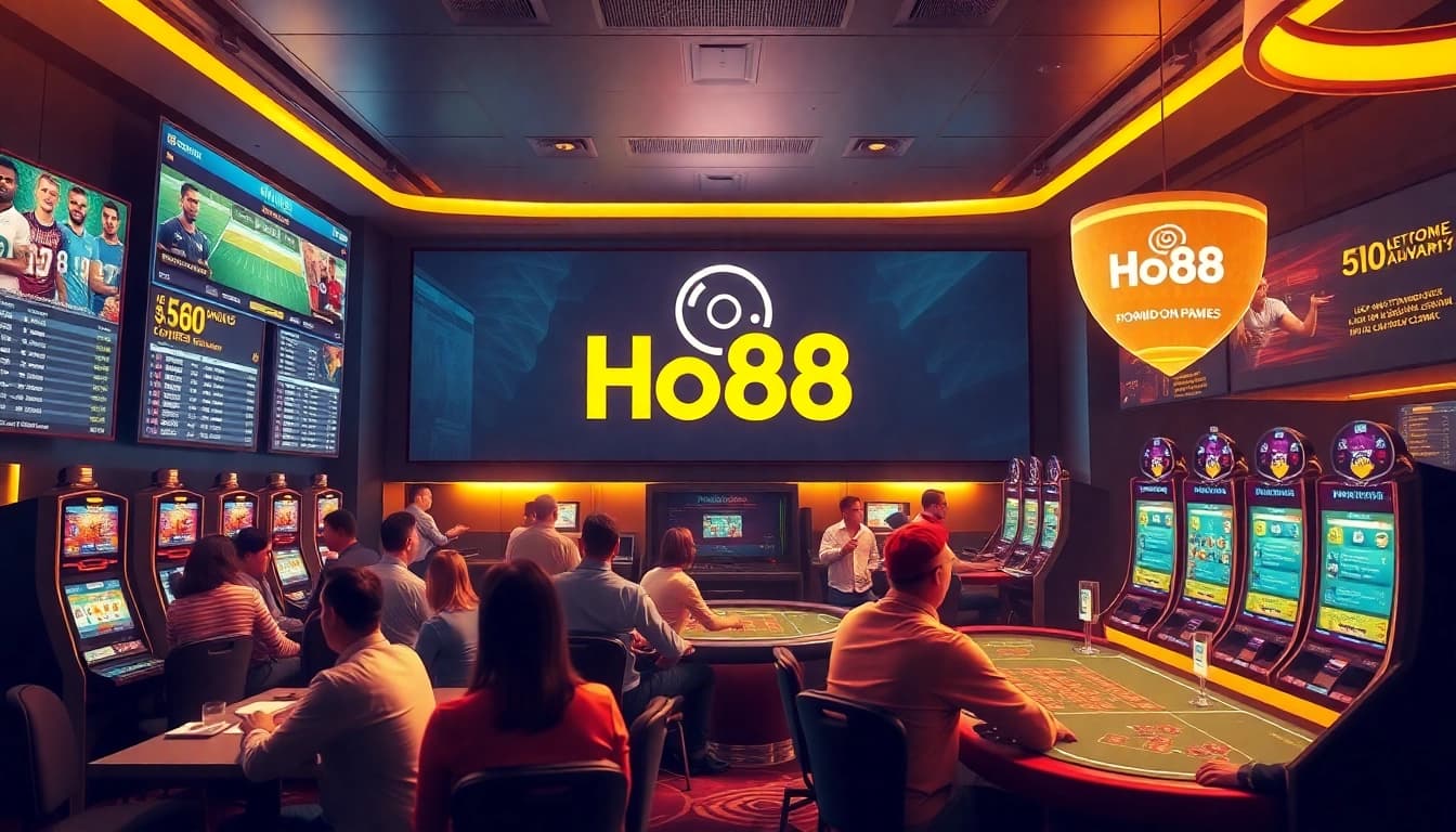Engaging casino scene showcasing Ho88 with vibrant players and digital betting interfaces.