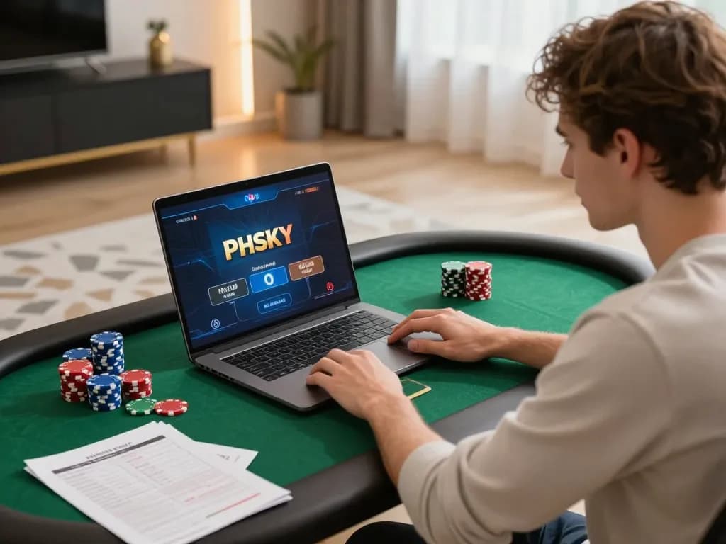 PHSKY player enjoying intense online poker gameplay with strategy notes in a modern home setup.