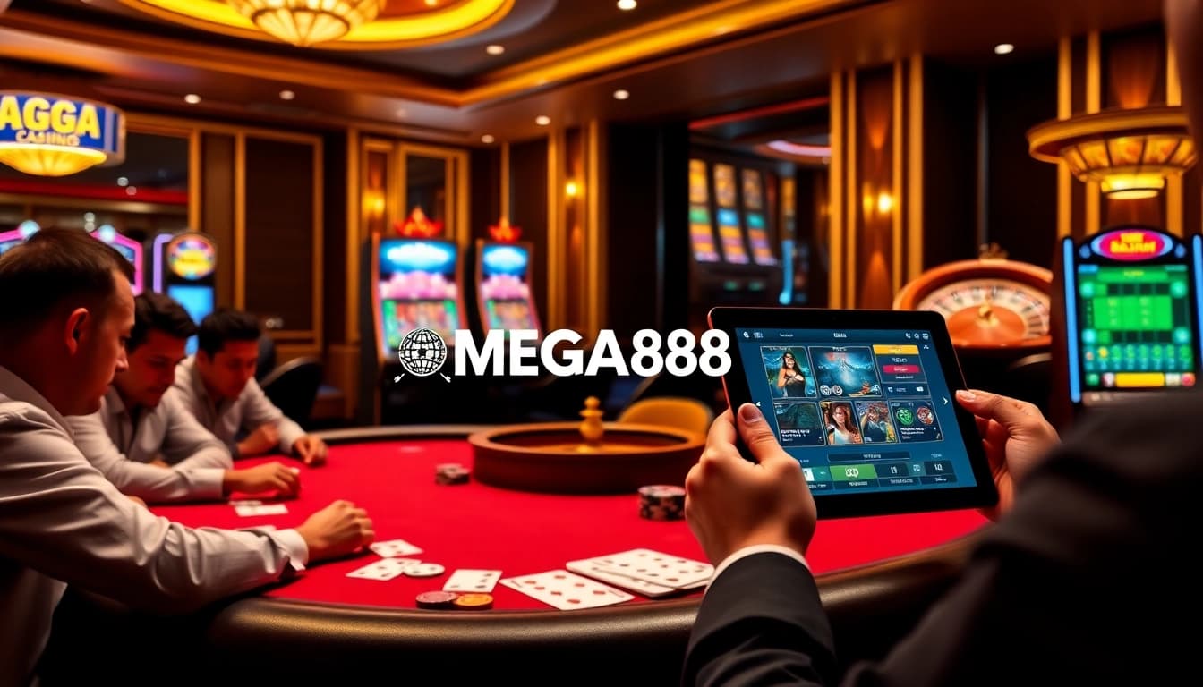 Players enjoying MEGA888 gaming with vibrant slot machines and a roulette wheel in a luxurious casino.