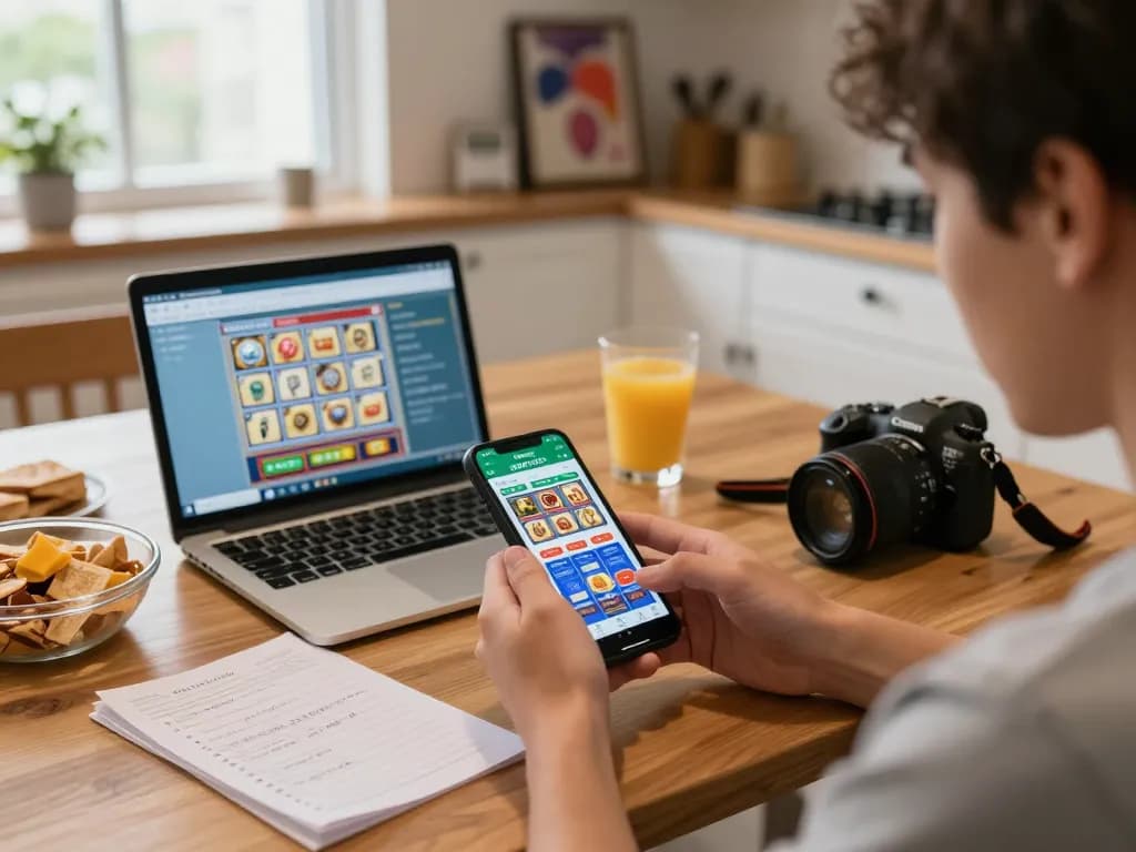 KDTOTO app displays lively online slot games during cozy home gaming session.