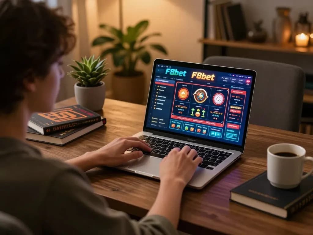 Engaging in F8bet online gaming with a stylish laptop setup and strategic notes.