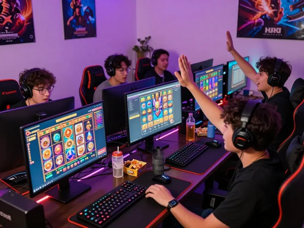 Pemain menikmati permainan situs slot di lingkungan permainan rumah yang menarik dengan visual yang mencolok.