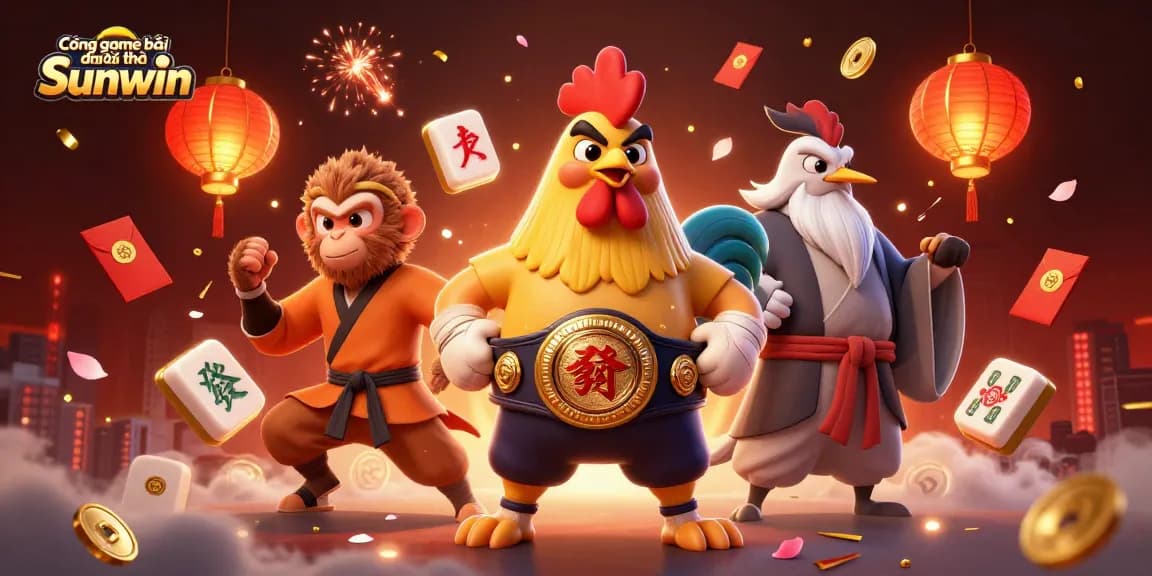 Cổng game bài đổi thưởng Sunwin offers vibrant 3D illustration featuring dynamic casino characters and game elements.