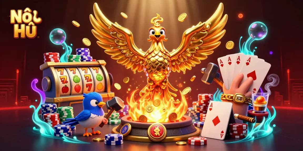 Nổ Hũ showcases a golden phoenix and poker elements, emphasizing exciting jackpot opportunities in a 3D casino scene.