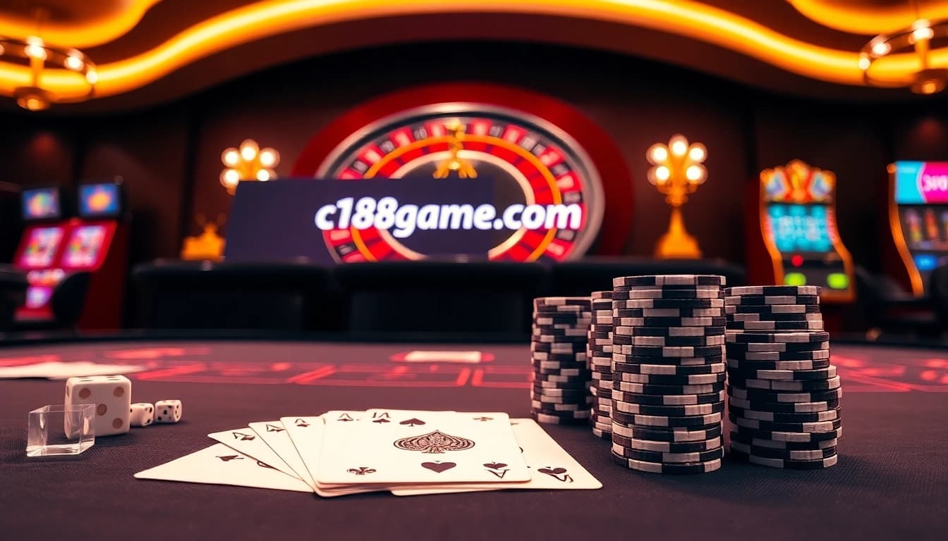Playing poker at c168game.com with vibrant chips and cards in an upscale casino setting.