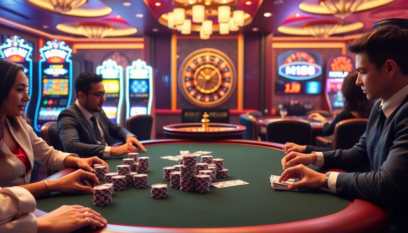 Experience high-stakes poker at mi88 casino, surrounded by vibrant slot machines and a roulette wheel.