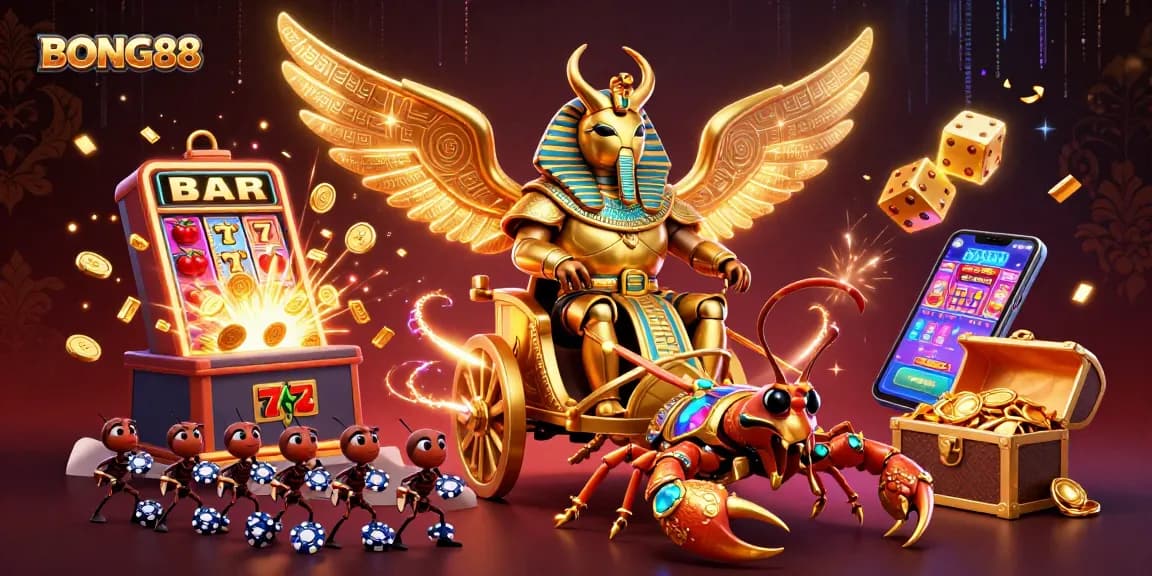 BONG88 introduces a vibrant casino scene with golden scarab beetle and treasures exploding from slot machines.