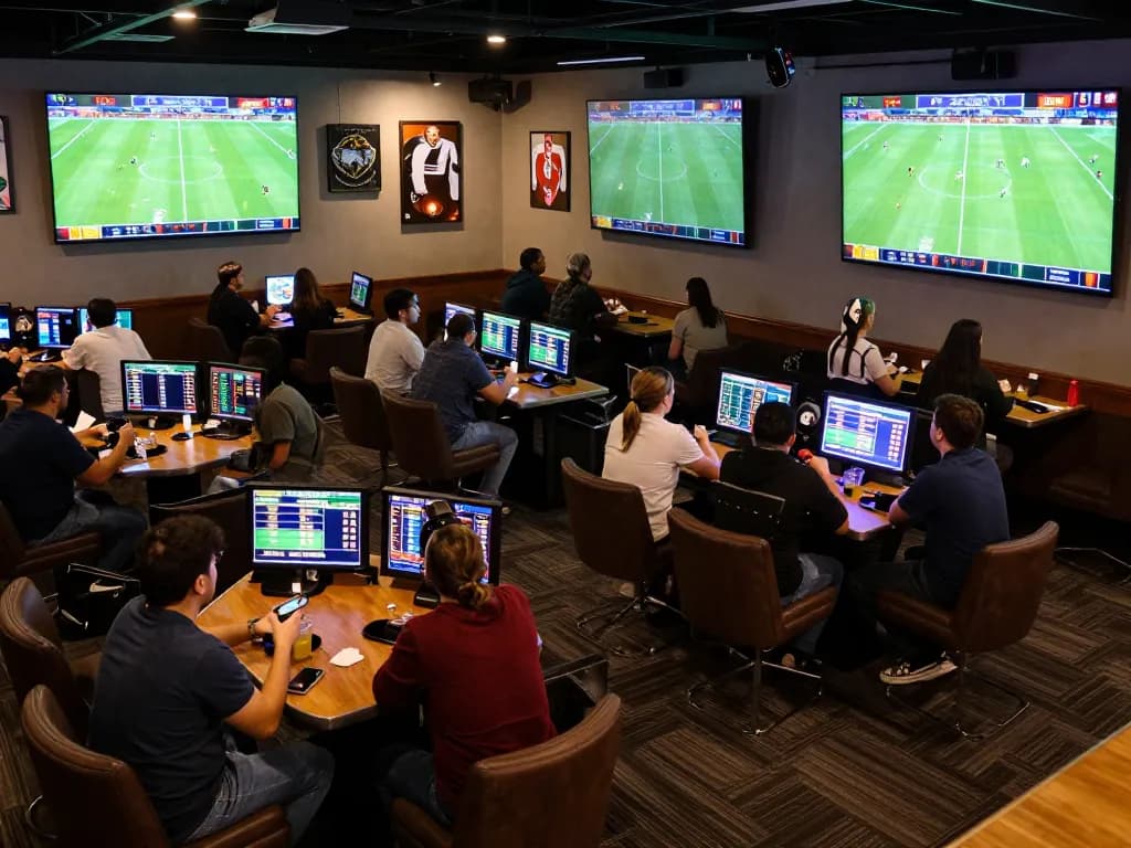 Soi Kèo betting enthusiasts enjoying live sports action in a lively betting lounge atmosphere.