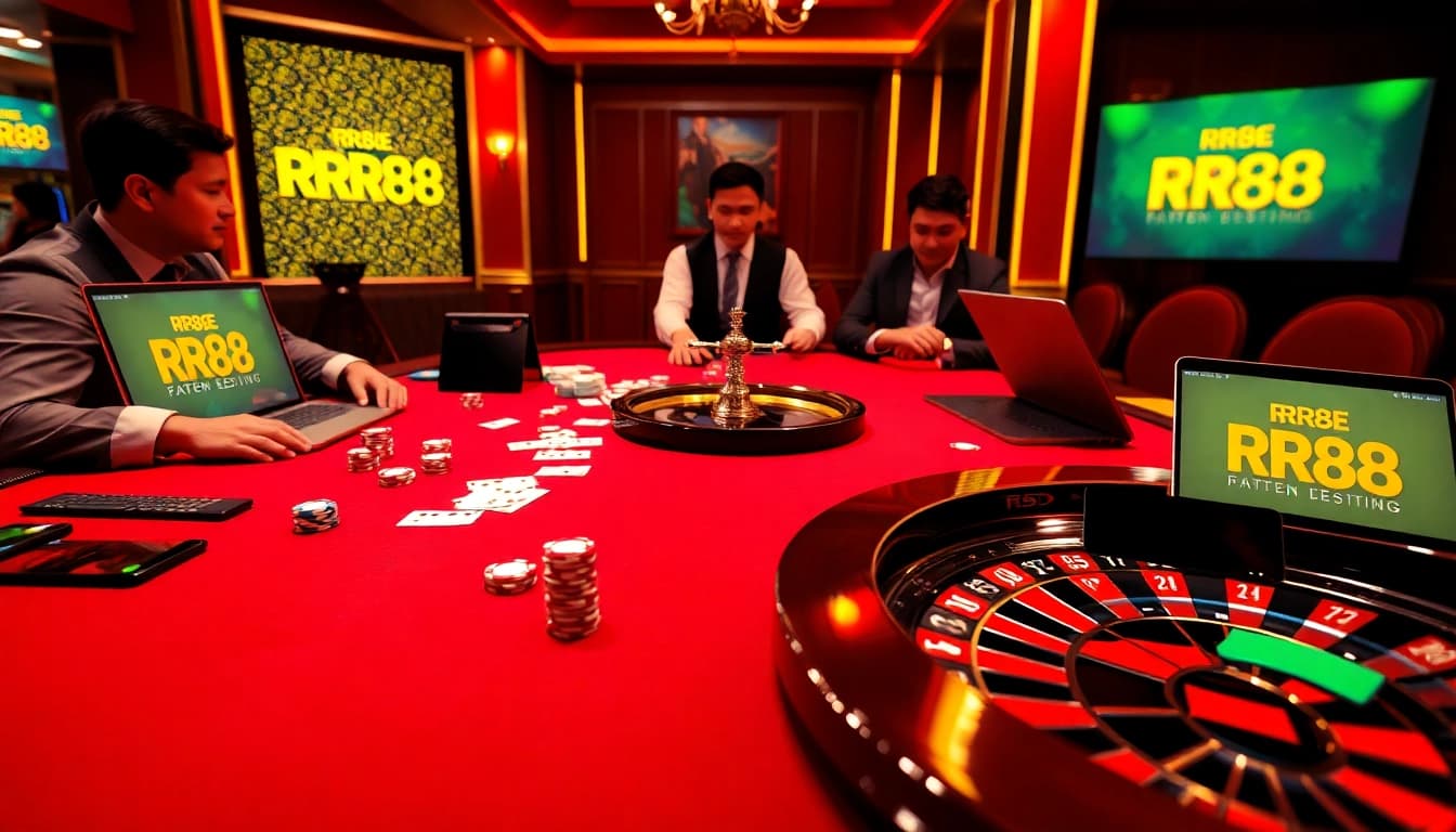 Players enjoying a high-stakes poker game under dramatic lighting highlighting RR88 excitement.