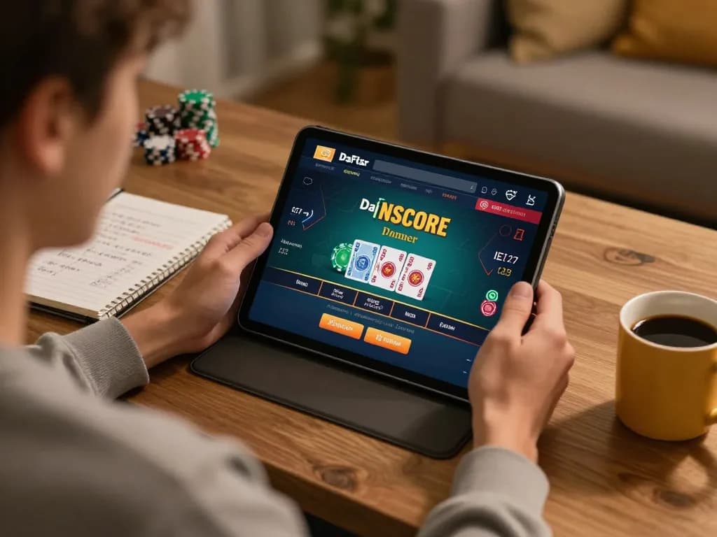 Engaging in Daftar IDNSCORE online blackjack on a tablet in a cozy home office
