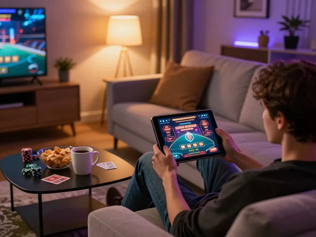 Engaged player exploring casinoer uden rofus on a tablet in a cozy living room setting.