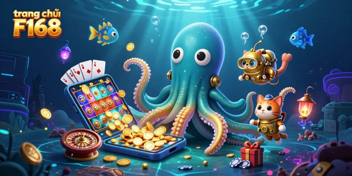 Engage with the vibrant atmosphere of trang chủ F168 as the kraken, diving cat, and bioluminescent fish create a treasure-filled gaming experience.