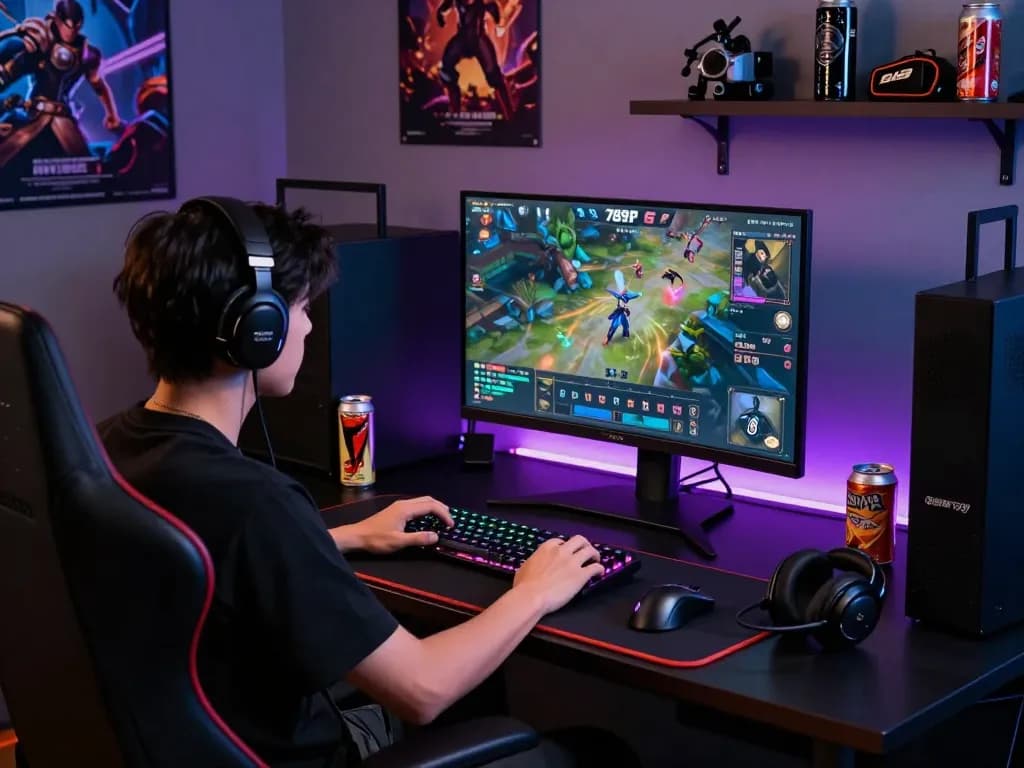 Focused gamer engaging with 789P GG interface in a stylish gaming setup with RGB lighting and accessories.