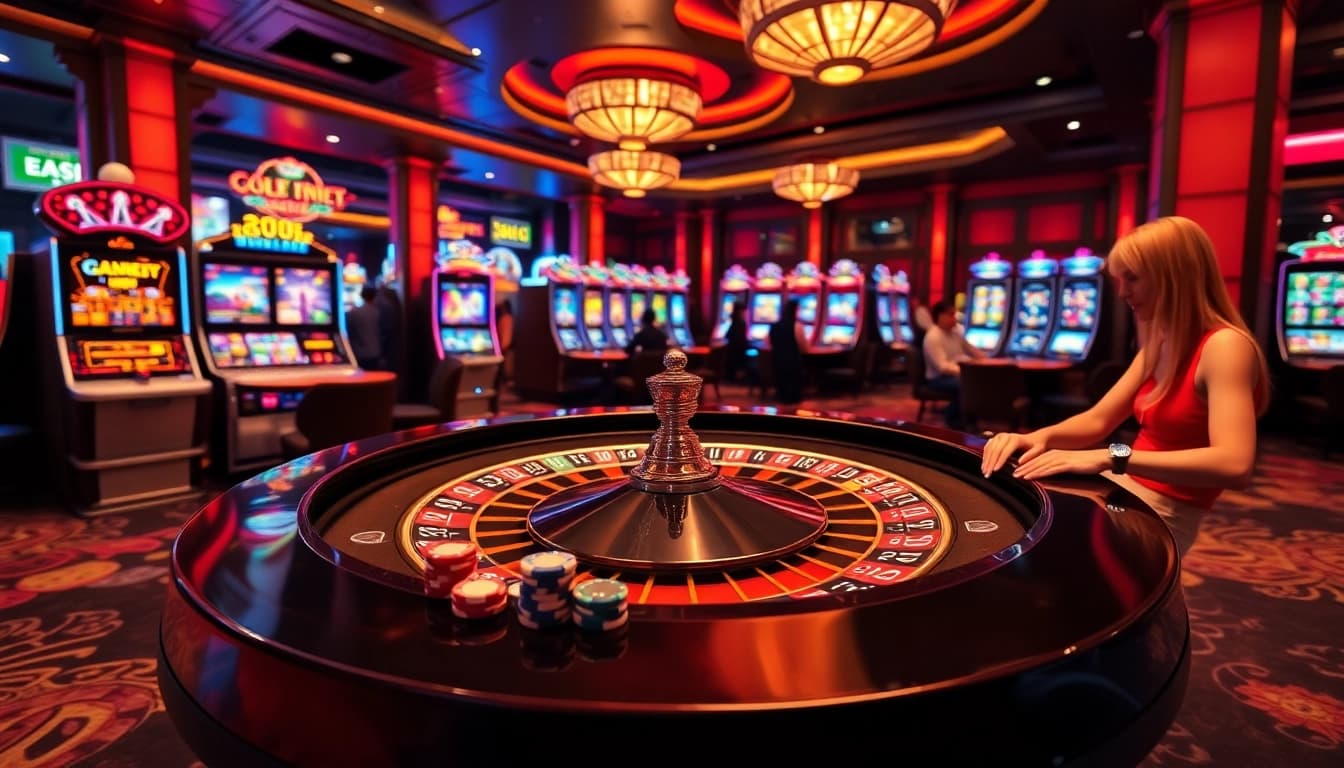 Players enjoying high-stakes gambling at the casino with roulette and poker at https://gk88live.it.com/ showcasing luxury and excitement.