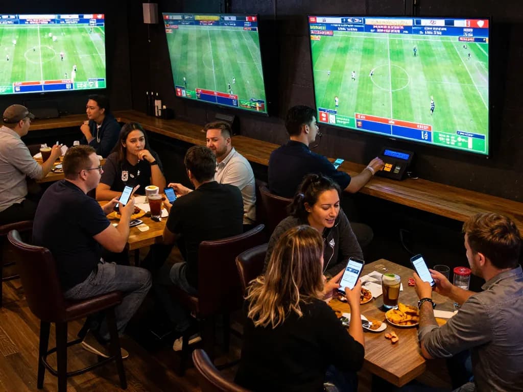 Soi Kèo sports betting scene with fans placing live bets in an energetic atmosphere.