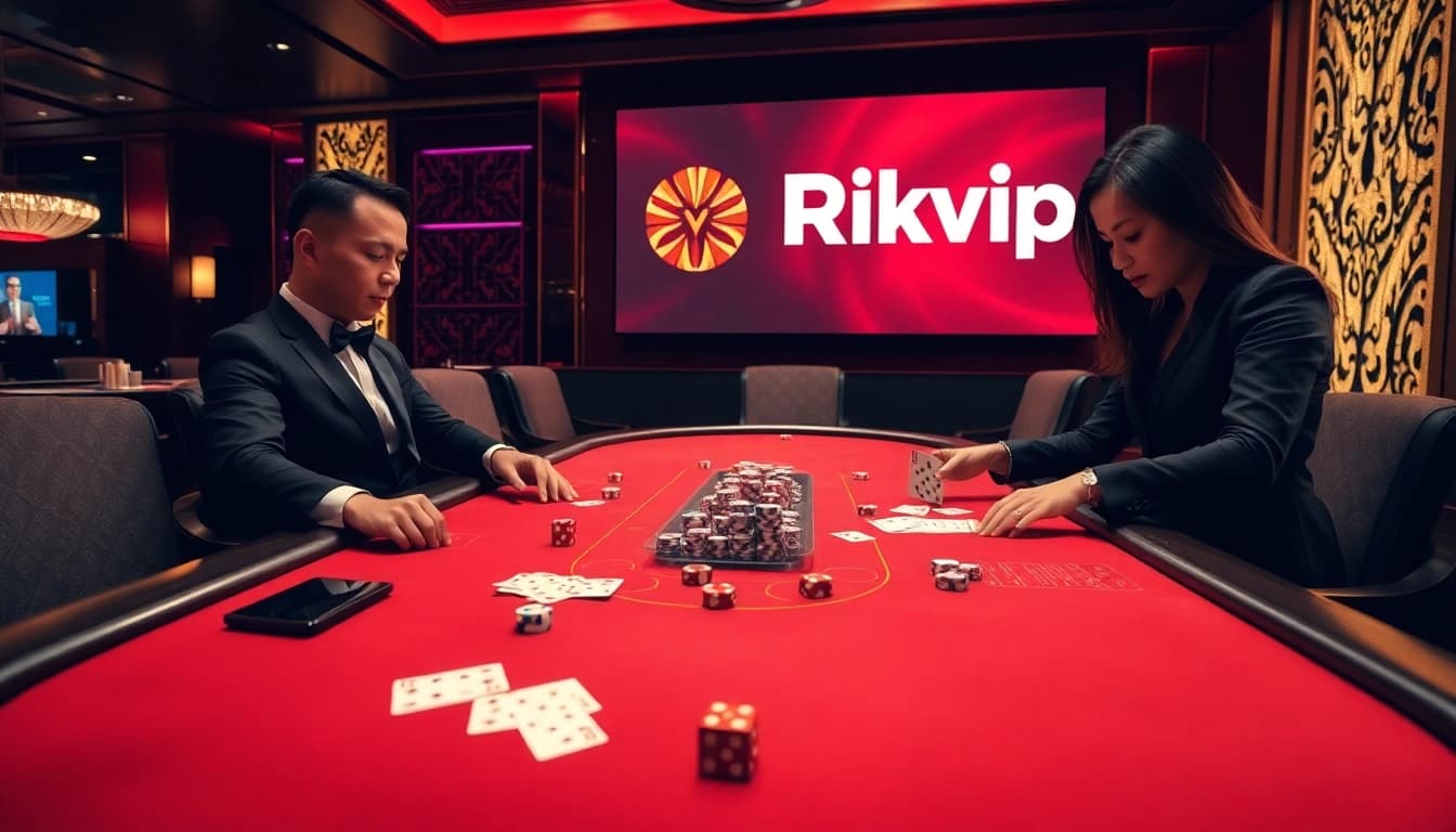 Rikvip casino table with professional dealers engaged in a thrilling blackjack game.