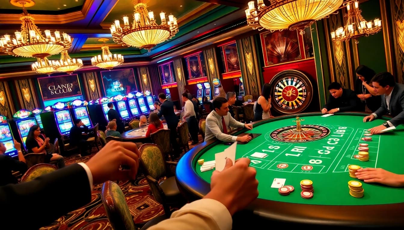 B52 CLUB players engaging in a thrilling game at a luxurious casino table, showcasing excitement and bets.