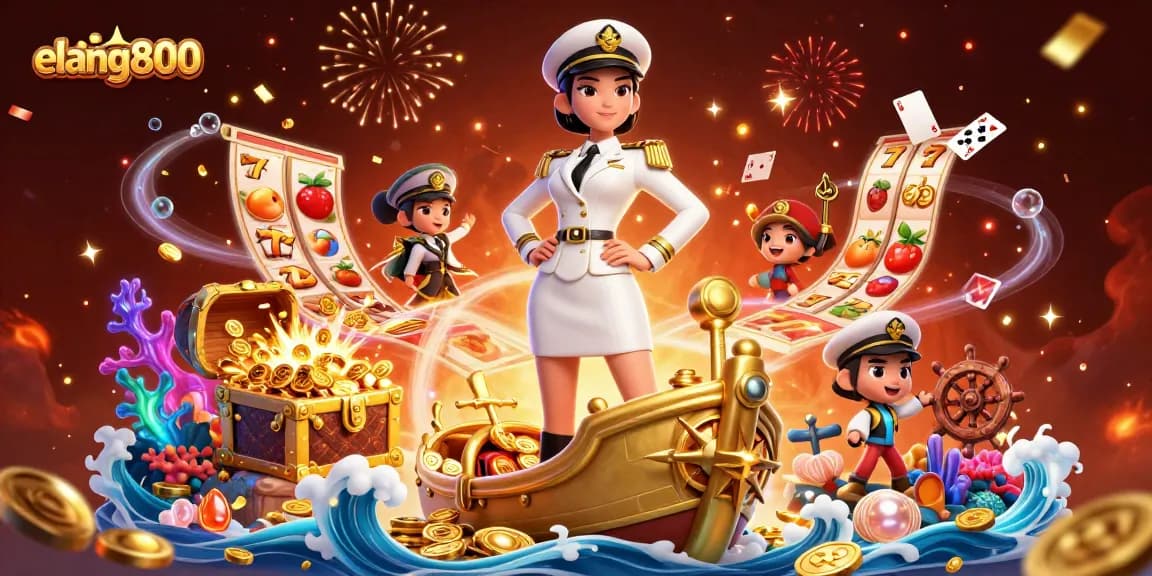 Experience the thrill of elang800 with an Asian woman in a naval officer outfit celebrating casino wins amidst golden treasures.