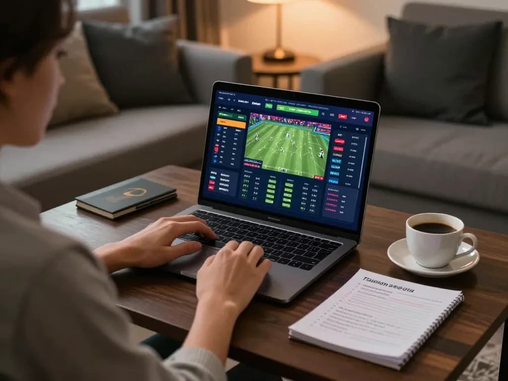 Engaged gambler placing strategic bets on tg88 sports betting platform using laptop in modern home.