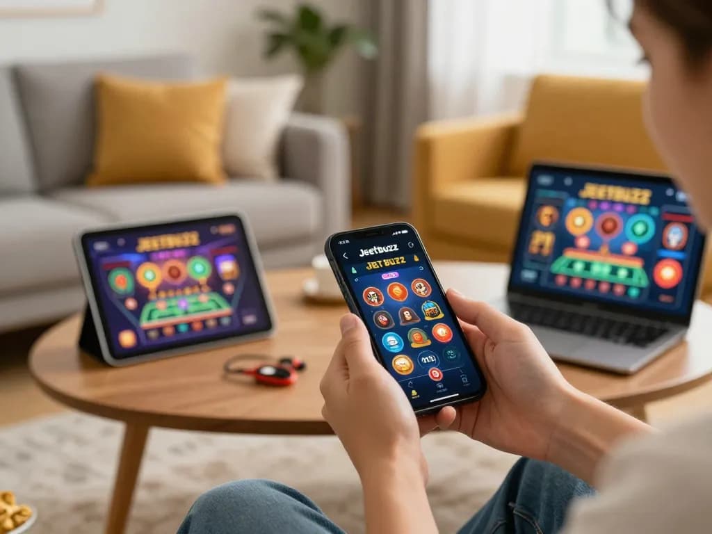 Person using the Jeetbuzz App on a smartphone while enjoying a home gaming session.