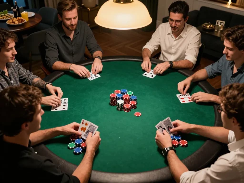 Engaging poker game at home showcasing players’ strategies with viral88 themes, vibrant chips, and warm ambiance.