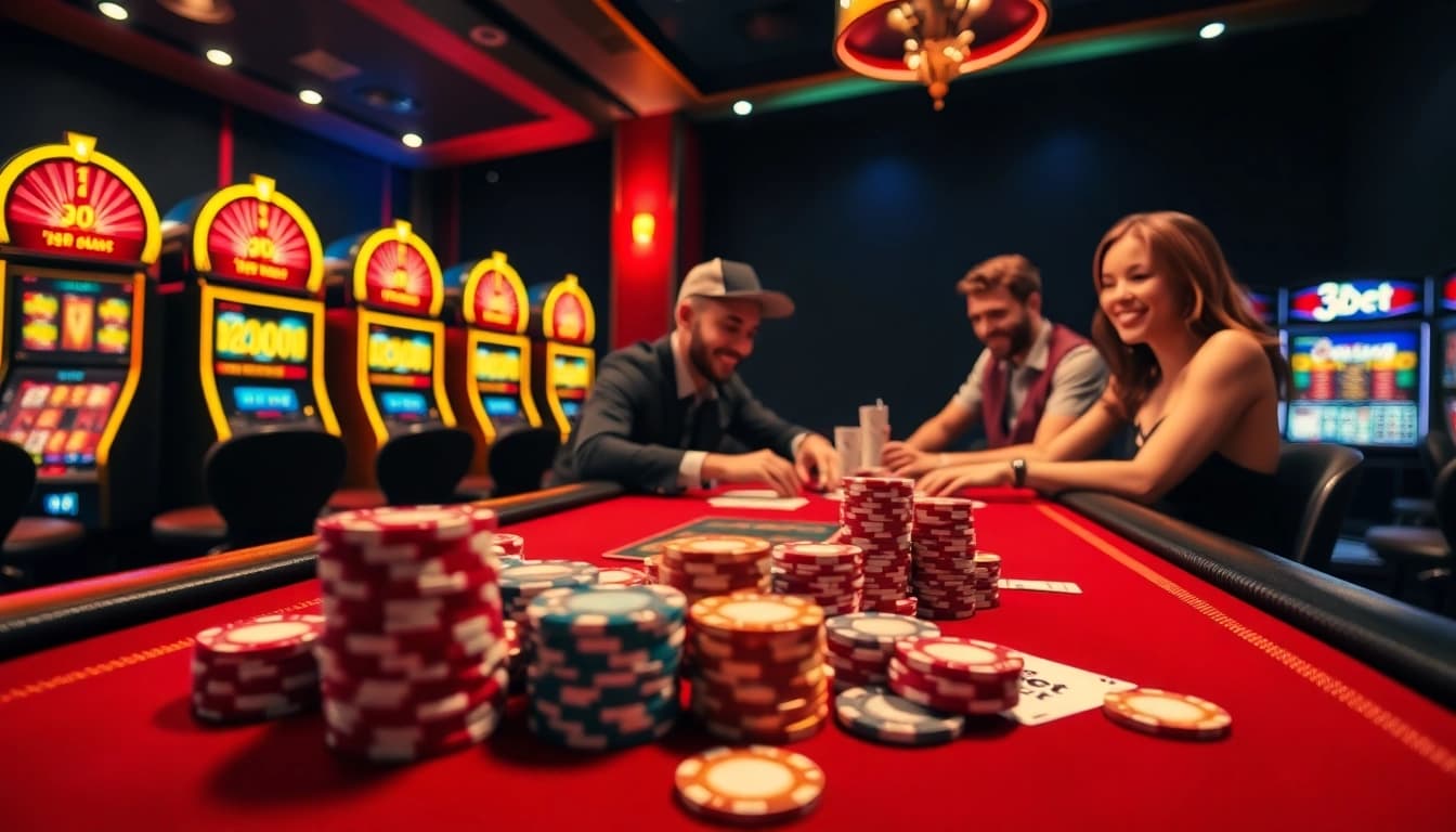 Experience the excitement of gambling with 3Dbet at a luxurious casino table filled with vibrant poker chips and cards.