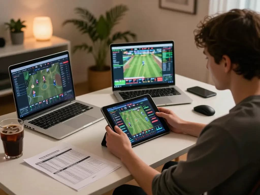 Engaging in online betting strategies while checking tỷ lệ nhà cái on a tablet in a cozy home setup.