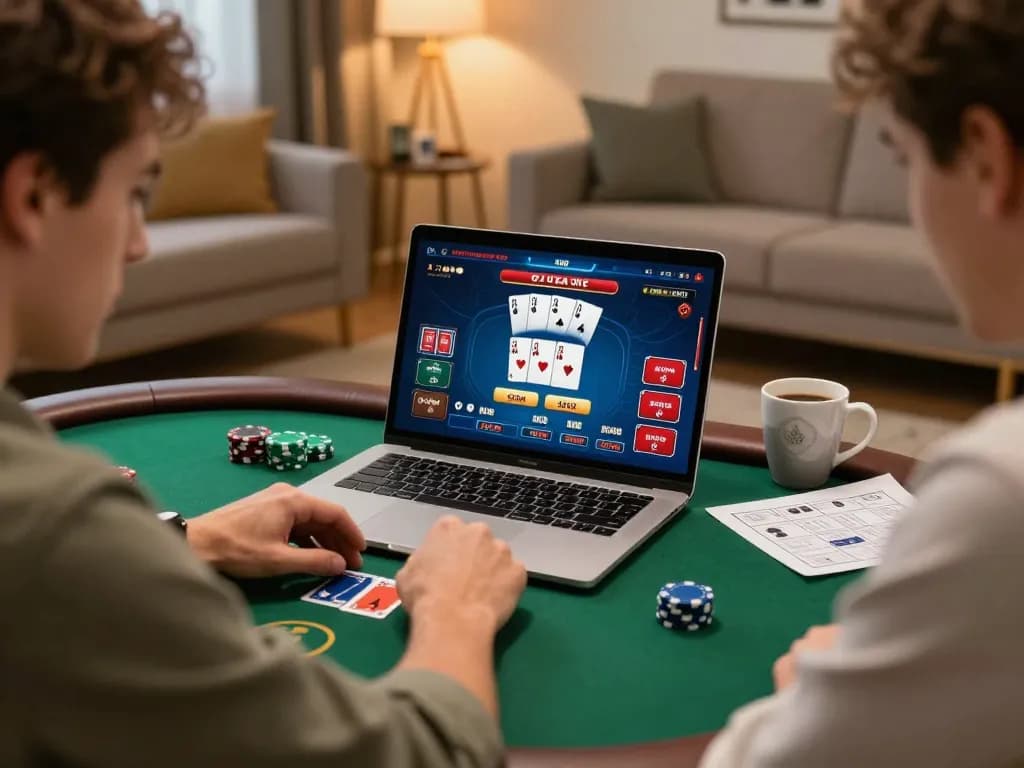 Player immersed in macan33 poker session at home with laptop and strategy notes.