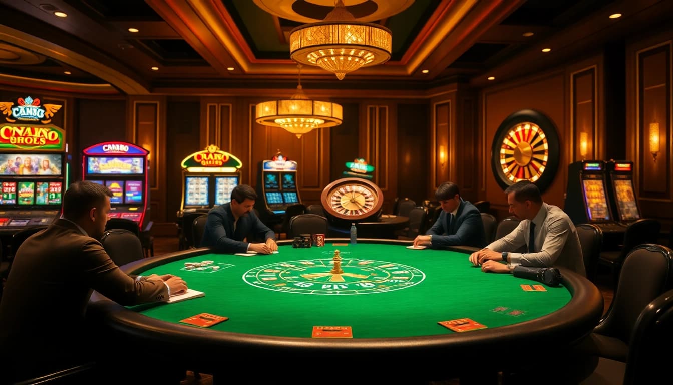 High-stakes poker action in a luxury casino featuring CM88-themed decor.