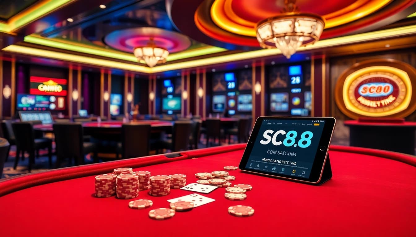 Experience high-stakes gaming at SC88.COM with vibrant casino visuals showcasing poker tables.