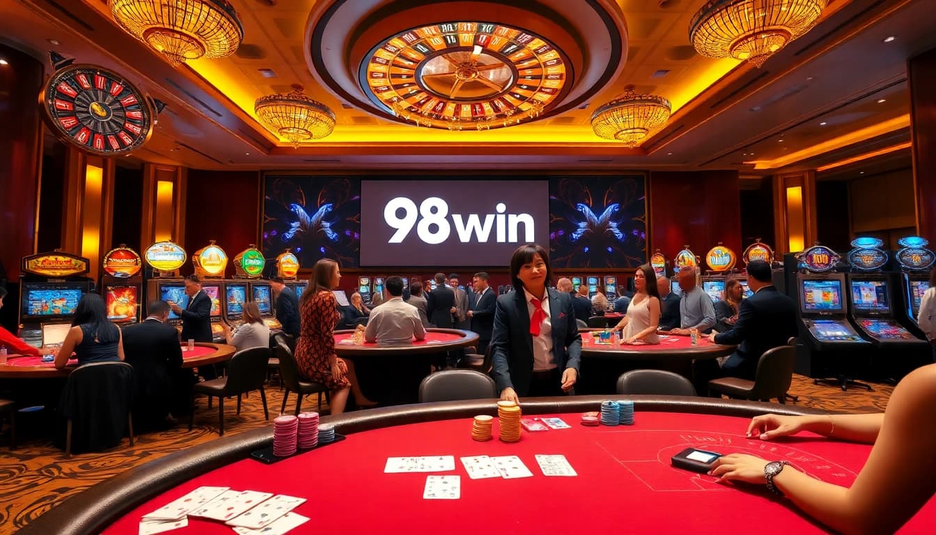 Engaging scene at a luxurious casino featuring players enjoying 98win games and a roulette wheel.