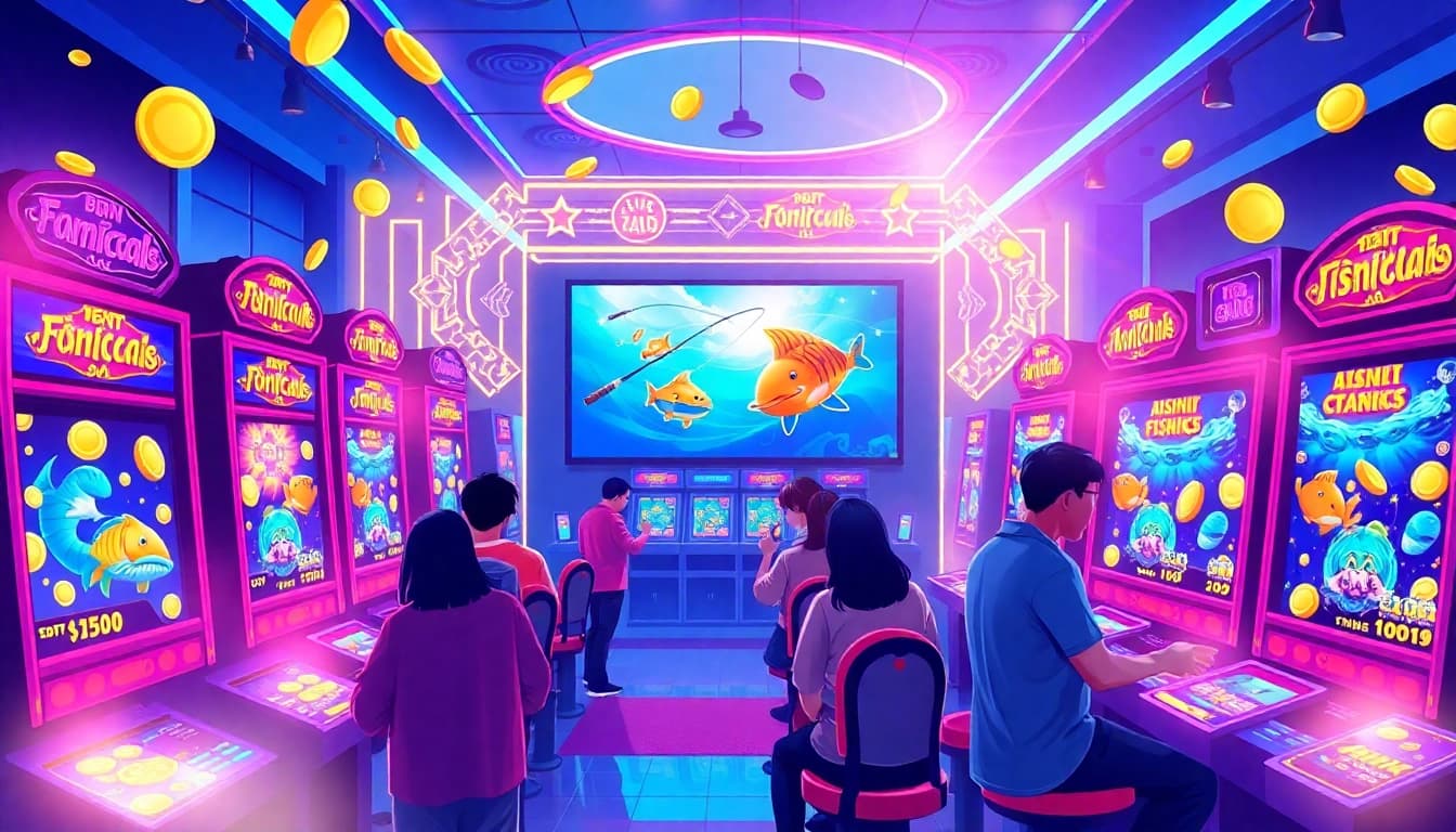 Bắn cá thần tài arcade scene showing players engaged in exciting gameplay with bright neon visuals.