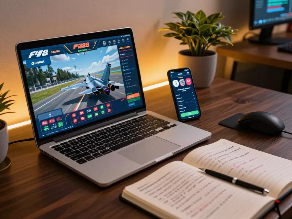 Players engaging with F168 online casino platform using laptop and smartphone, focused on responsible gaming.