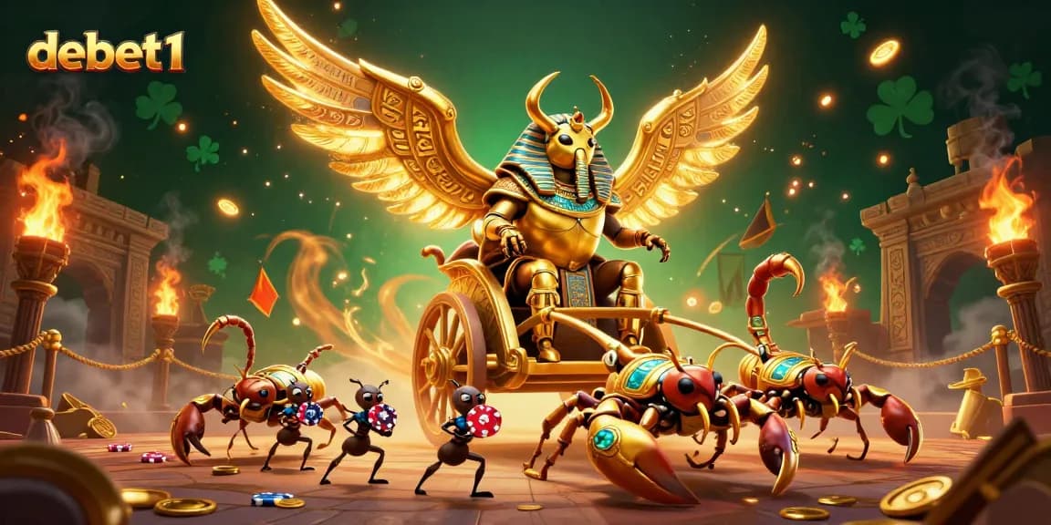 Engage in thrilling action with debet1's golden scarab beetle and scorpion chariot, surrounded by flames and coins.