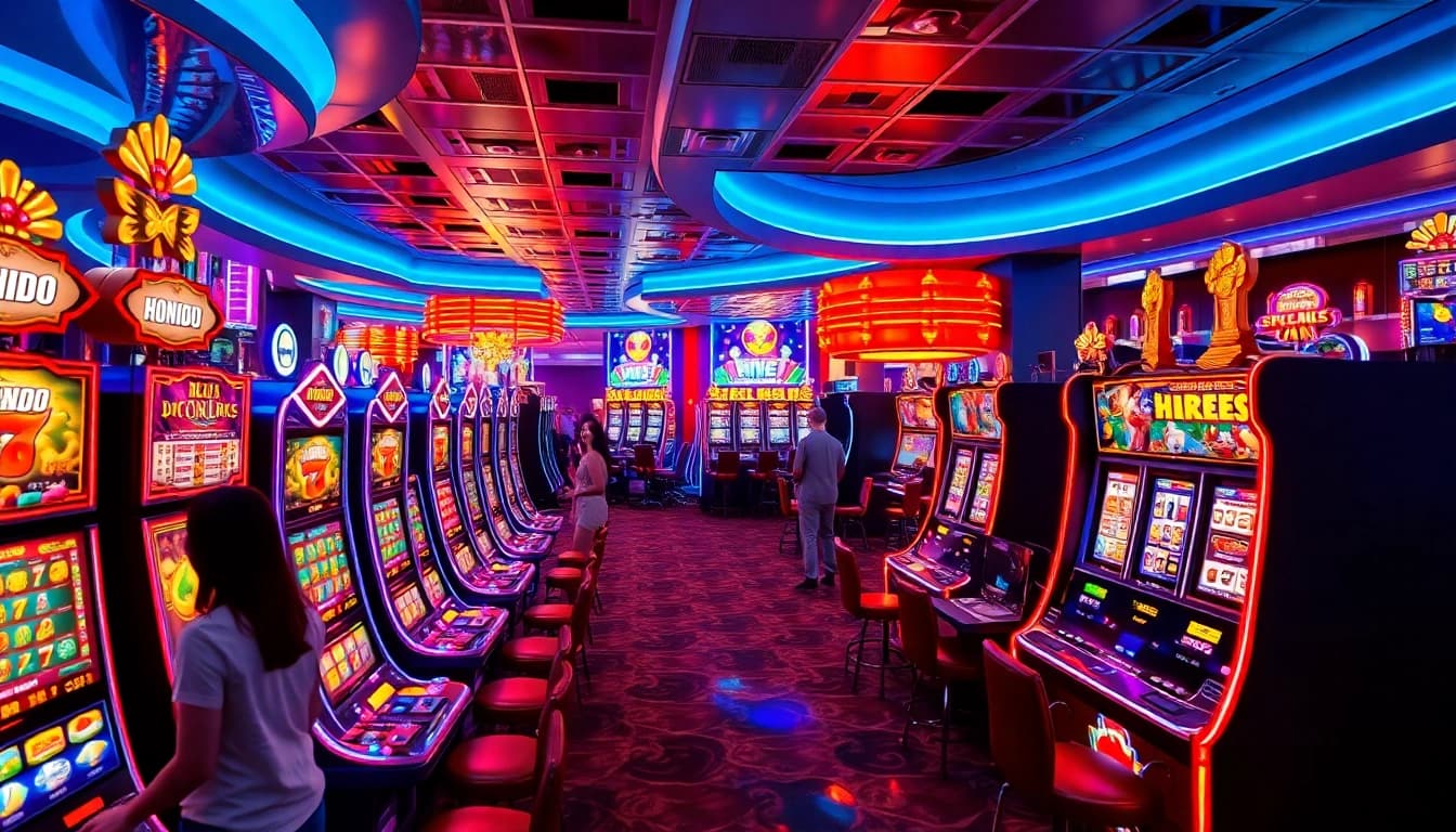 Experience the thrill at AT99娛樂 with a lively casino floor filled with vibrant slot machines and players.
